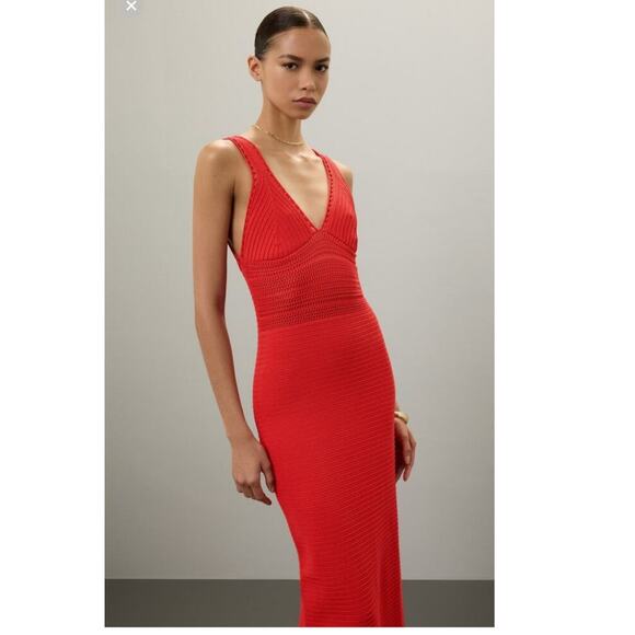 RONNY KOBO Red Orange Crochet V-Neck Open Back Tie Dress Size Medium - Picture 3 of 15